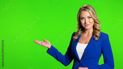 Smiling Professional Woman in Blue Blazer Gesturing and Presenting on Green Screen Background, Ready for Chroma Key Compositing