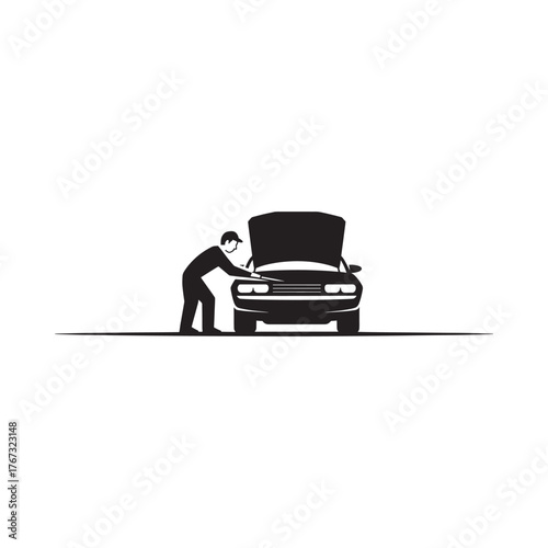 Mechanic inspecting the engine of a classic car with hood open