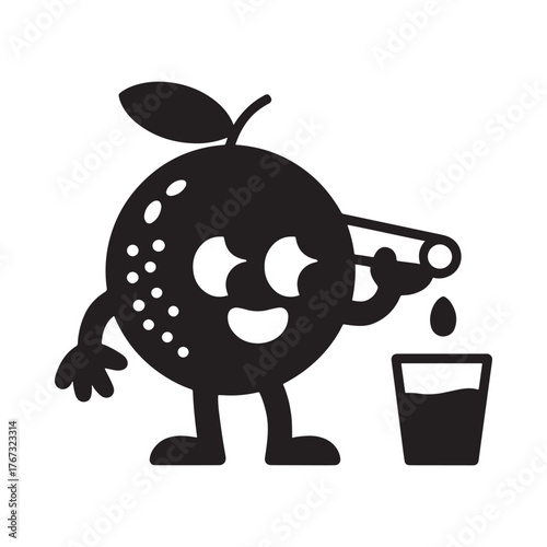 Cartoon orange character squeezing juice into a glass