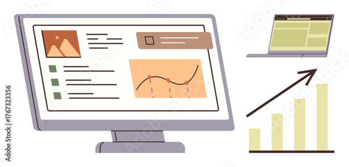 Computer monitor displaying graphs, charts, project details with nearby laptop and upward growth chart. Ideal for analytics, research, productivity, business growth, data strategy, finance simple