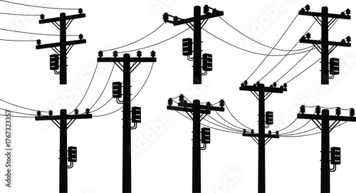 Electric power line poles silhouette, utility infrastructure network connection, electricity distribution system, energy transmission structure, industrial technology 