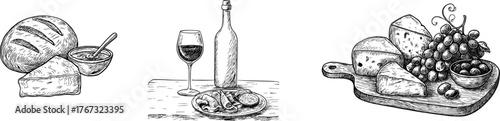 Hand-Drawn Wine and Cheese Board Illustrations. Rustic European Food Collection in Vintage Ink Drawing Style.