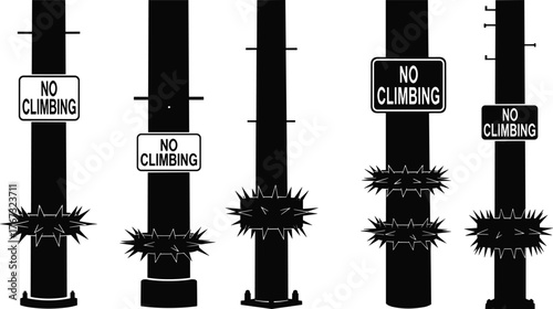 Utility pole safety deterrents, no climbing warning signs, anti-theft spikes, urban infrastructure protection, electrical hazard prevention, public safety enforcement