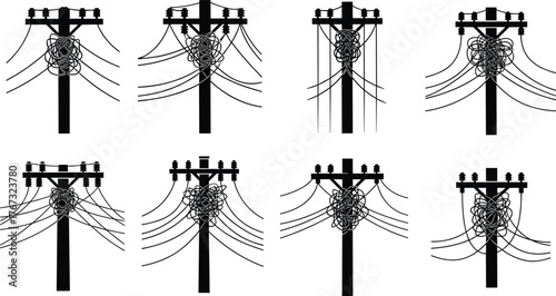 Utility pole silhouettes, electric wire configurations, power line icons, infrastructure design elements, tangled cables, black vector illustration, urban grid components