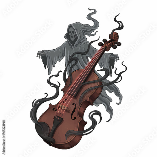 Illustration of a hooded grim reaper playing a cello with smoke effects on a white background.