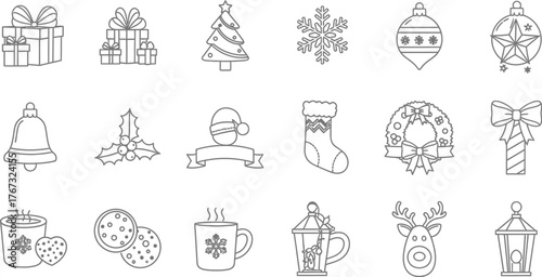 Hand-drawn Christmas and holiday icon set including gifts, trees, bells, and decorations