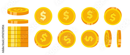 Set of golden coins with dollar sign for business, finance, and investment concept. Gold coins, isolated, flat, golden money, token vector illustration