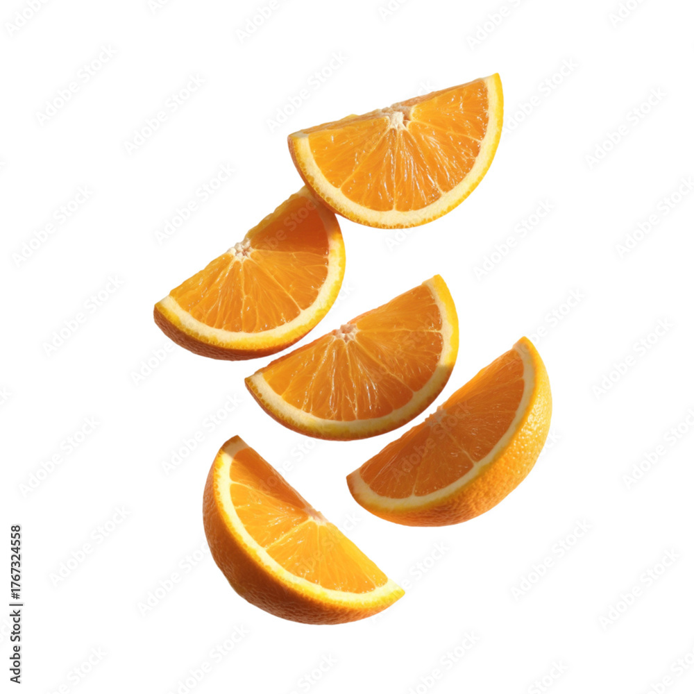 Fototapeta premium Five Orange Wedges Floating Isolated on Transparent Background with Black Backdrop
