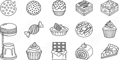 Assorted desserts and sweets line art icons