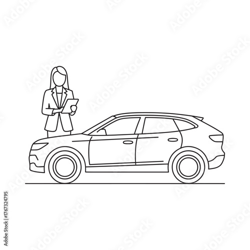 Businesswoman standing next to a car with a tablet in hand