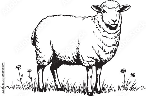 Vector art of a detailed illustration of a sheep standing in grass