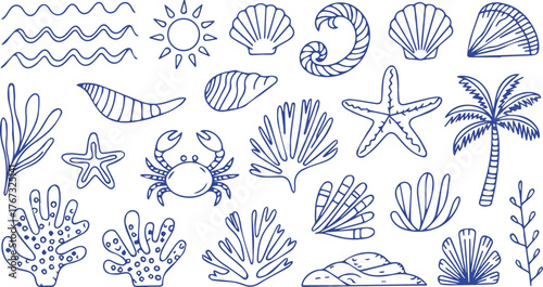Vector art of collection of blue line art sea elements