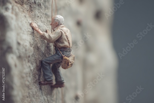 Old man climbing a rock wall in a realistic depiction, showcasing determination and strength in a miniature form