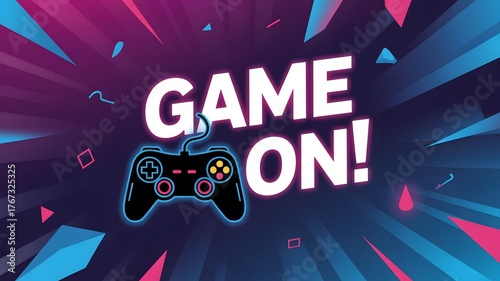 Neon Gaming Background with Game Controller and “Game On” Text – Esports and Stream Poster Design