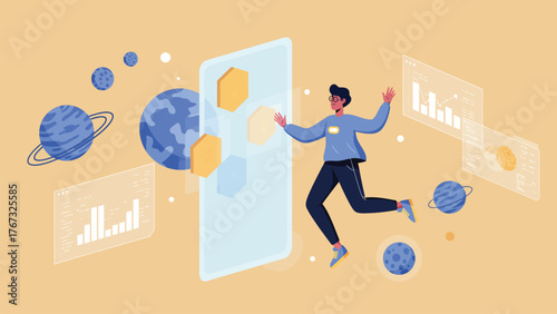 Man Interacting with Virtual Reality and Space Elements.