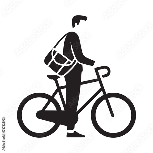 Silhouette of a person with a bag riding a bicycle