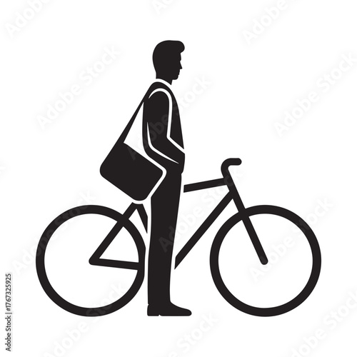 Silhouette of a person with a bicycle and messenger bag