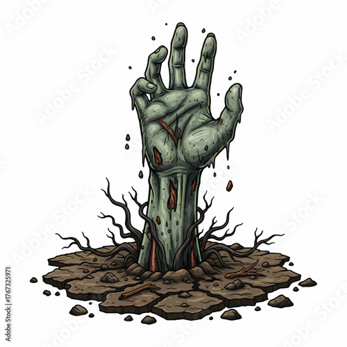 Illustration of a zombie hand rising from the ground with blood and dirt, against a white background.