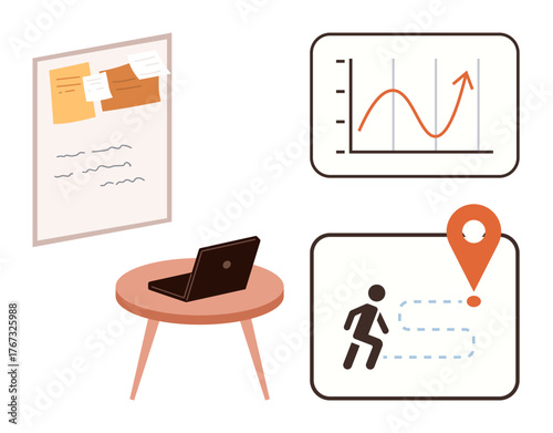 Wall board with notes, laptop on table, graph showing growth, map marker, and person icon symbolizing action. Ideal for productivity, planning, strategy, data analysis workflow management goal