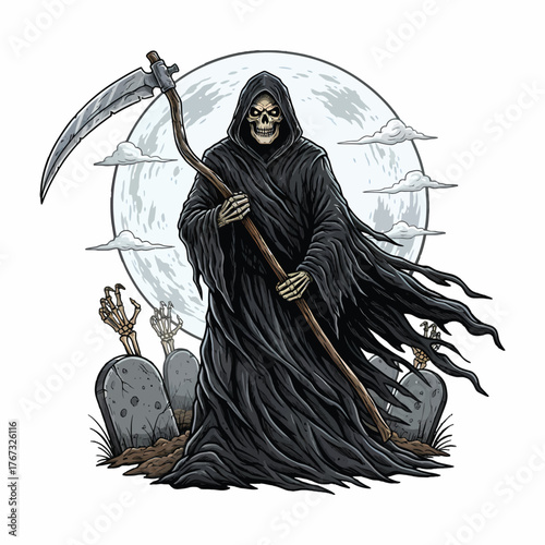 Illustration of the grim reaper standing with a scythe in front of a full moon and gravestones on a white background.
