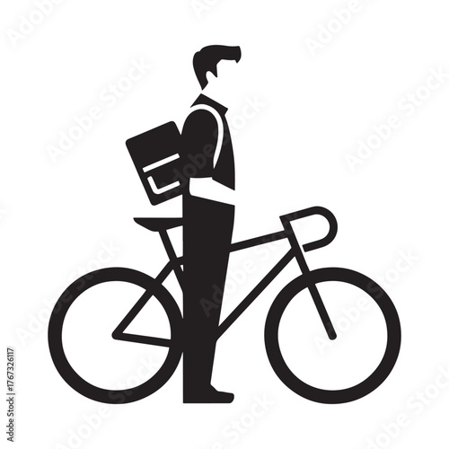 Silhouette of a delivery person with a bicycle and bag