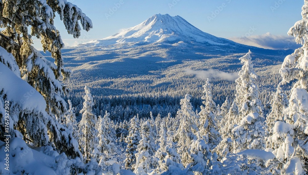 Fototapeta premium winter landscape with snow covered dormant volcano rising above dense frosted pine forest under clear sky