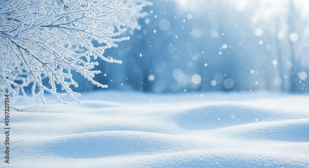 Fototapeta premium Serene winter landscape. Foreground covered in soft, fluffy snowdrifts with delicate light shadows