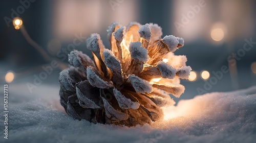 Leuchtender Tannenzapfen im Schnee
