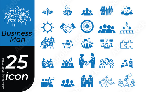 Collection of 25 blue business icons representing teamwork collaboration and success