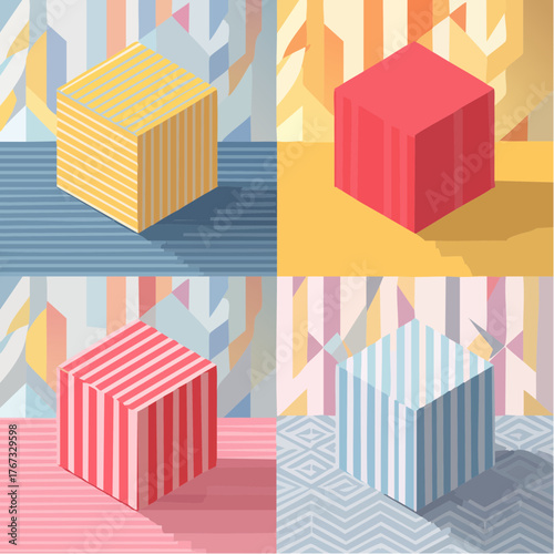 Abstract polygonal backgrounds with stripy triangles and 3D cubes vector designs set.