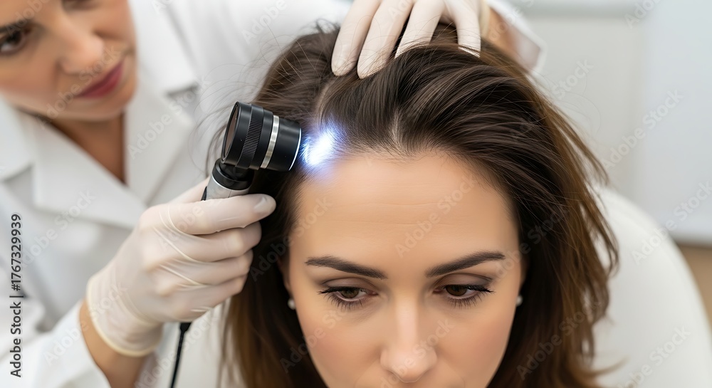 Fototapeta premium Dermatologist examining patients scalp with dermatoscope for hair loss.