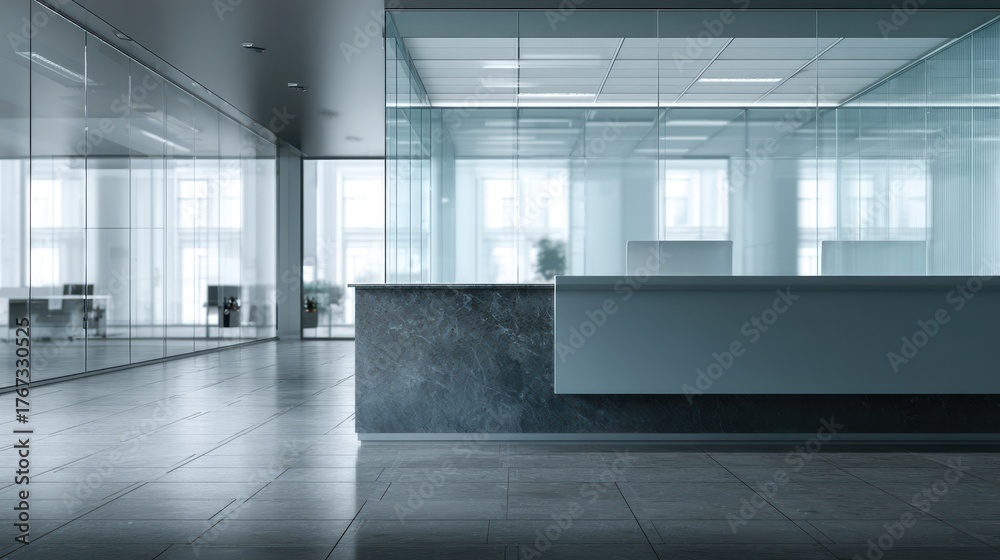 Fototapeta premium Beautiful photo of close shot of a modern empty bank reception desk, sleek minimalist interior, clean lines, neutral colors, glass and metal elements, no people, bright natural.