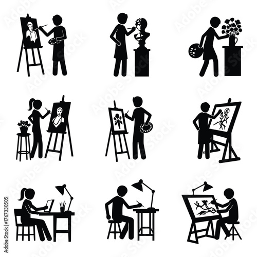 Collection of pictograms showcasing people engaged in various creative activities