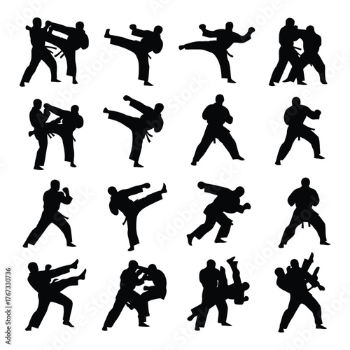 Martial Arts Silhouettes Collection of Fighters and Fighting Stances White Background
