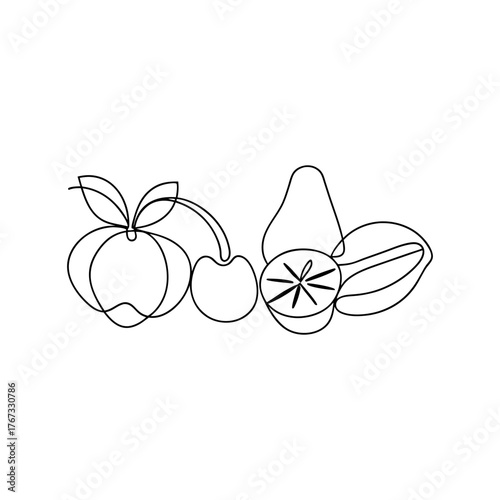 Simple line drawing of assorted fruits delicious healthy foods and produce art