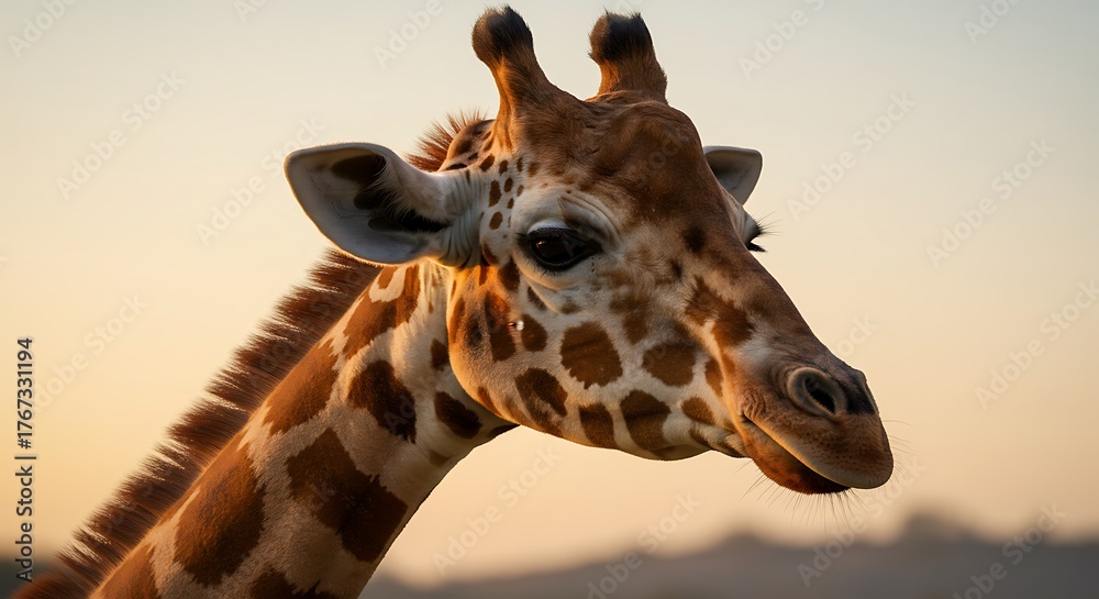 Naklejka premium Close-up of a majestic giraffes head and neck against a soft, golden sunset sky.