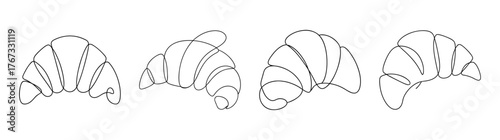 Line art drawing of four golden croissants viewed from different angles baking delicious pastries