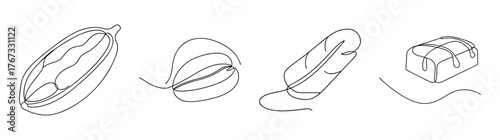 Detailed line art sketches of four different chocolate bars and wrappers