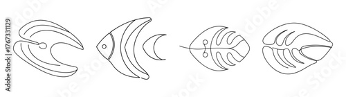 Four line art angelfish silhouettes isolated on for design