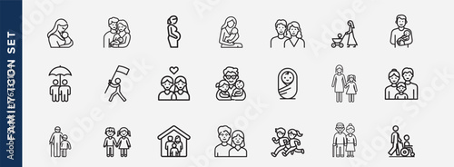Family members icon Set. Vector Line art icons of elderly, baby, couples, parents, mother, father, siblings, couple illustration. Stick figure family icons.