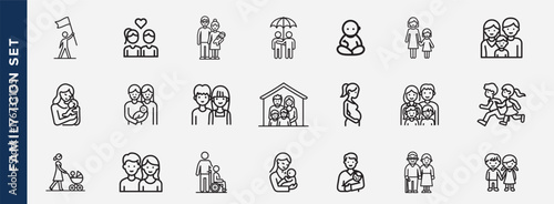 Parenting and Family  icon Set. Vector Line art icons of elderly, baby, couples, parents, mother, father, siblings, couple illustration. 