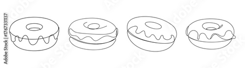 Detailed line art drawing of a bagel with cream cheese from multiple angles