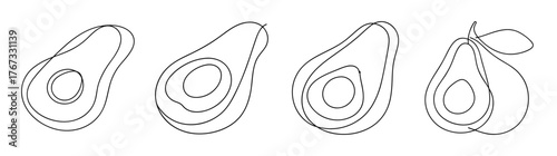 Four hand drawn style avocado halves sketches displaying different angles and seed
