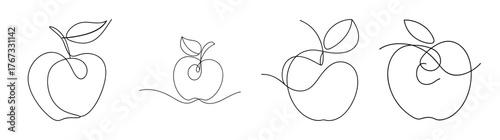 Four artistic line drawings of apples various poses and styles