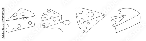 Four detailed hand drawn cheese wedge slices with holes and texture line art