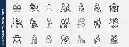 Family and character icon Set. Vector Line art icons of elderly, baby, couples, parents, mother, father, siblings, couple illustration. Stick figure family icons.