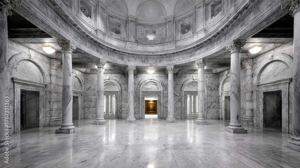 Naklejka premium Marble rotunda with ornate columns and dome, in a grand architectural hall, wide-angle view, elegant interior, copy space.