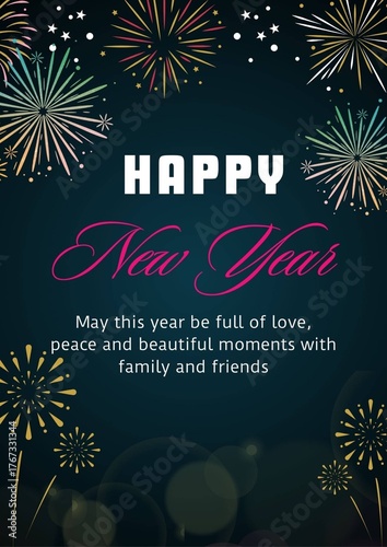Happy New Year Greeting Card with Colorful Fireworks and Festive Wishes