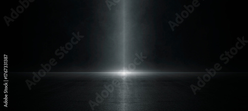 Empty dark asphalt floor and road with tire track, fog, and neon spotlights on skyline night background. Abstract smoke scene for Halloween, concert stage, sports arena, or product display background.
