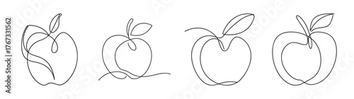 Four rough sketch drawings of apples with stems and leaves in black and white